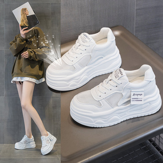 2024 Spring, Summer And Autumn New Thick-soled Leather Casual White Shoes Height Increasing Comfortable All-match Muffin Women&#039;s Low-top Shoes